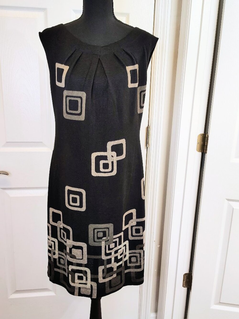 Women's 10 Summer Sheath Dress Black Geometric Office Workwear Funeral Modest